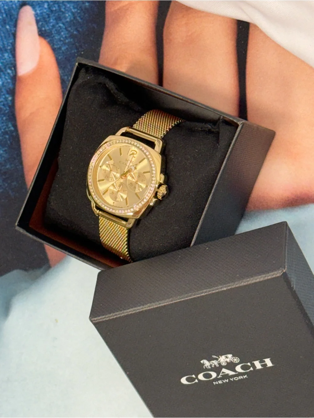 (new+tag) COACH Women Chronograph Gold Watch Metal Strap Bracelet Diamond Bezel